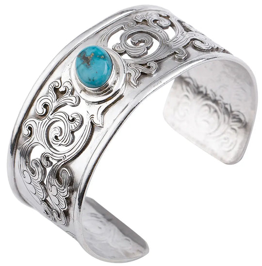 Turquoise and Jali Engraved Sterling Silver Cuff Bracelet