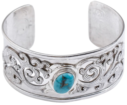 Turquoise and Jali Engraved Sterling Silver Cuff Bracelet