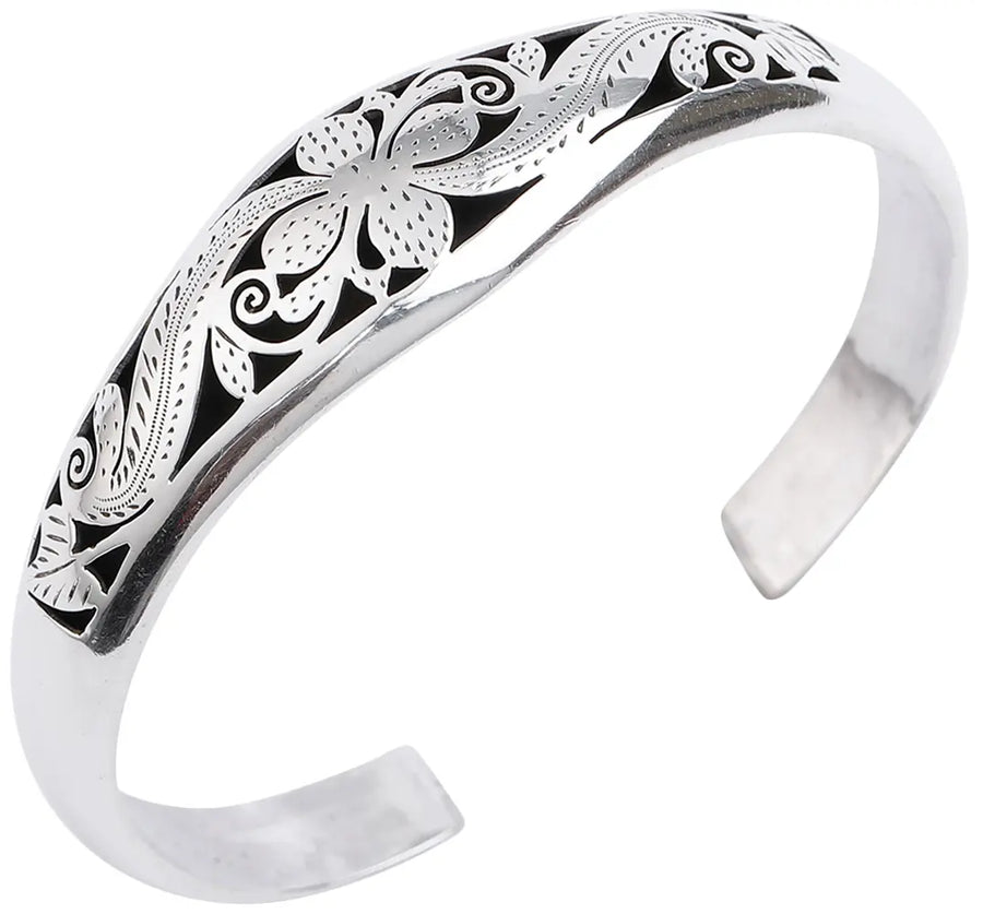 Floral Engraved Sterling Silver Cuff Bracelet from Nepal