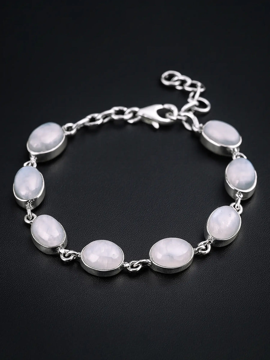 Rainbow Moonstone Cabochon Sterling Silver Bracelet