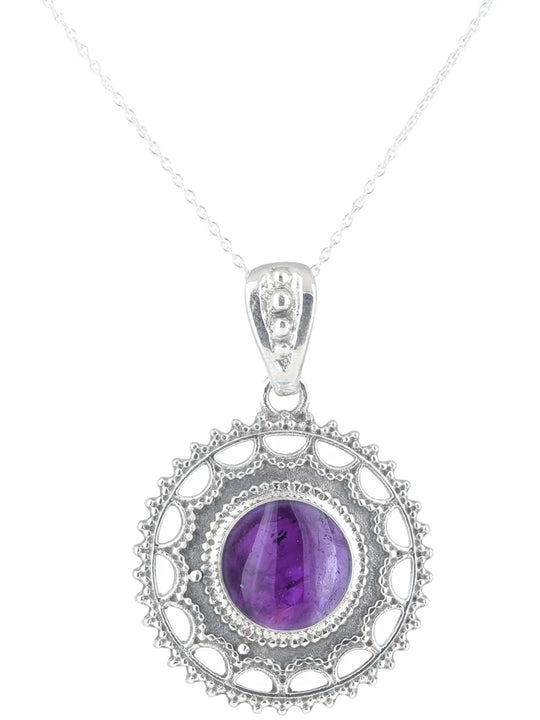 Sterling Silver Round Gemstone Pendant with Rawa Work