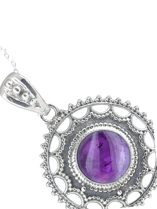 Sterling Silver Round Gemstone Pendant with Rawa Work