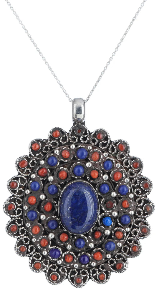 Turquoise and Coral Multi-Stone Sterling Silver Pendant