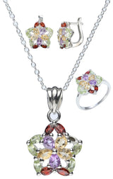 Garnet Peridot Citrine Faceted Sterling Silver Pendant and Earring Set
