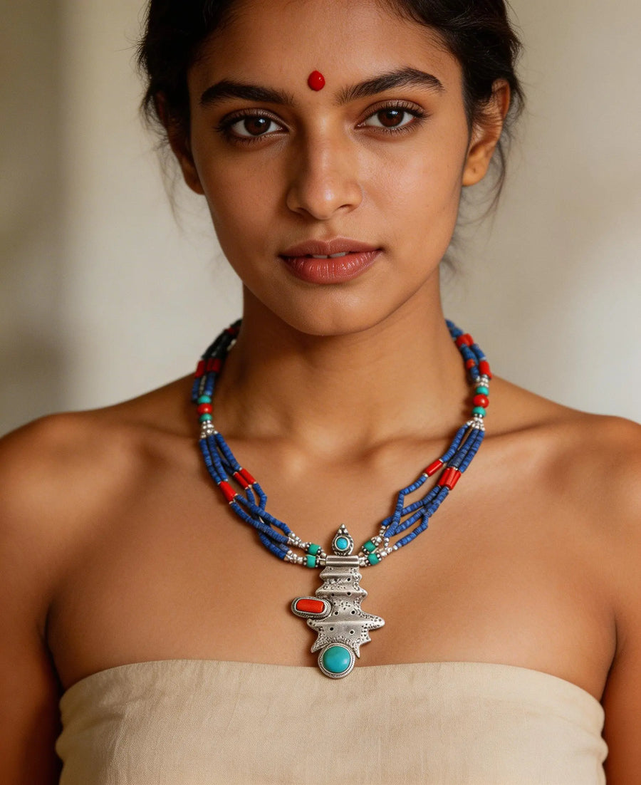 Turquoise, Coral and Lapis Lazuli Sterling Silver Necklace