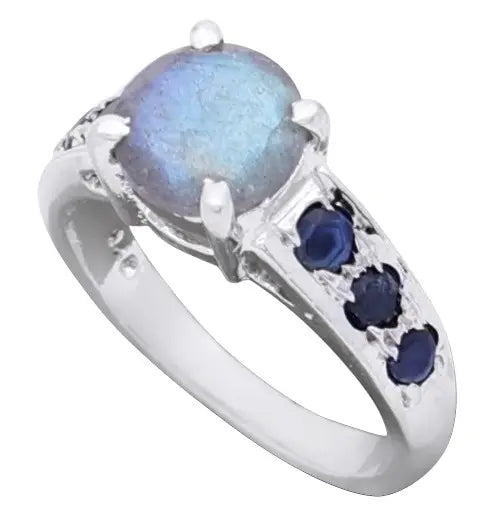 Rainbow Moonstone and Ruby Sterling Silver Ring