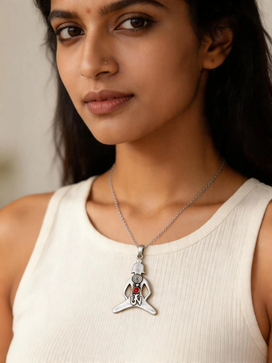 Yoga Mudra Red Coral Sterling Silver Pendant