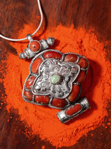 Coral and Turquoise Gau Box Sterling Silver Pendant