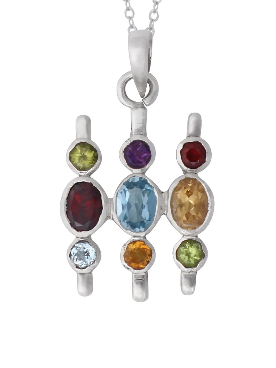 Multi-Gemstone Vertical Bar Sterling Silver Pendant
