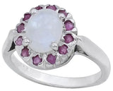 Rainbow Moonstone and Ruby Sterling Silver Ring