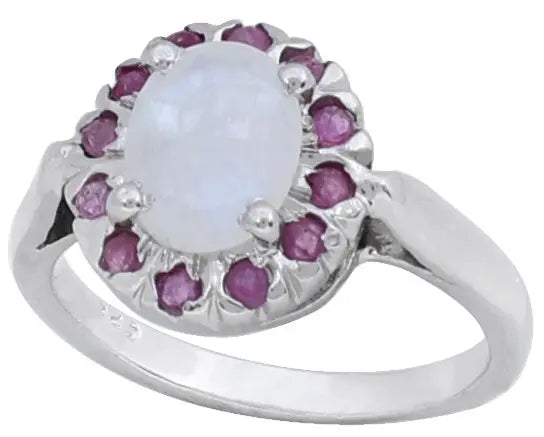 Rainbow Moonstone and Ruby Sterling Silver Ring