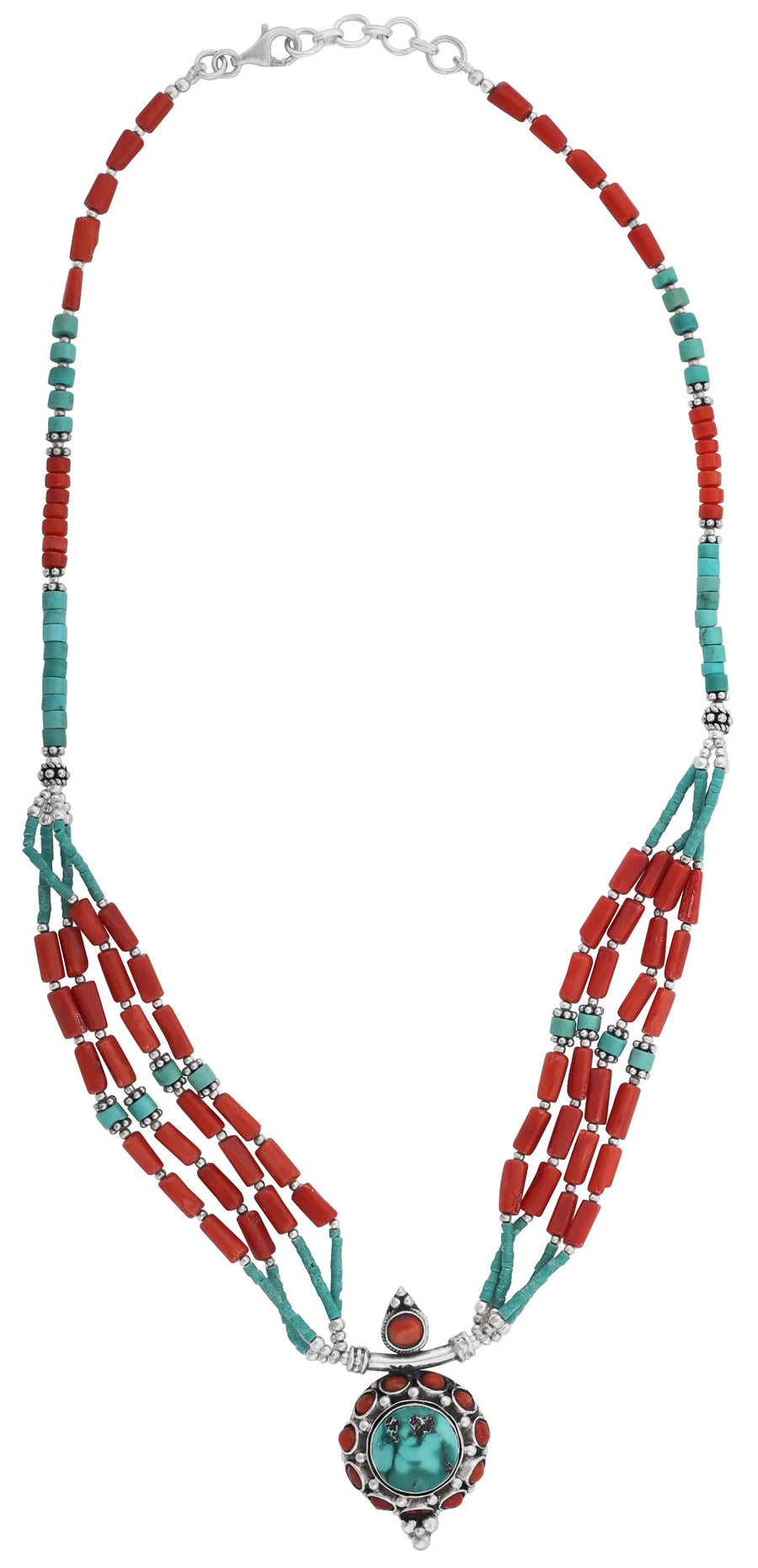 Coral and Turquoise Sterling Silver Necklace