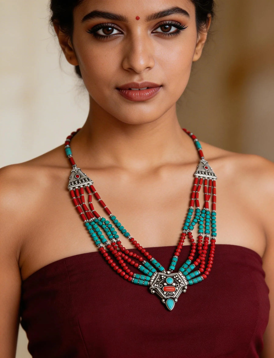 Coral and Turquoise Sterling Silver Necklace