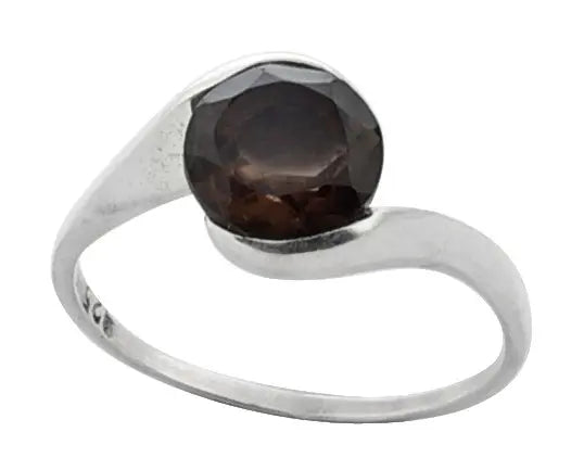 Faceted Smoky Quartz Round Cut Sterling Silver Ring