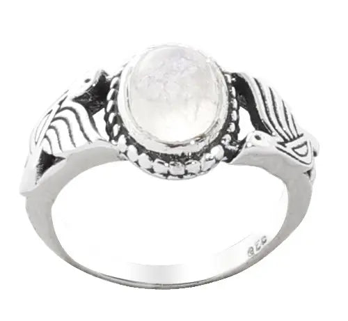 Rainbow Moonstone Bird Motif Sterling Silver Ring