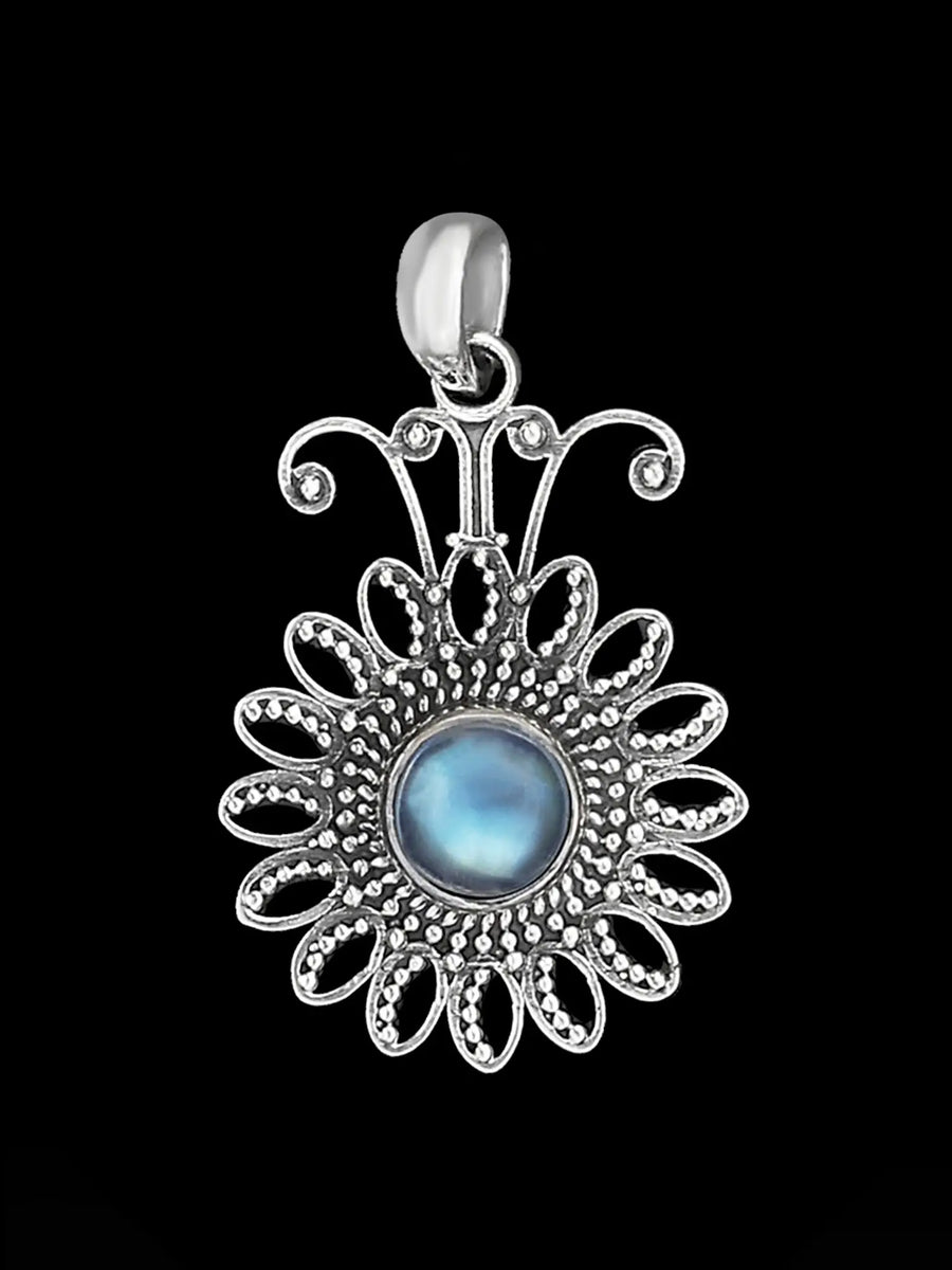 Rainbow Moonstone Flower Sterling Silver Pendant