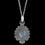 Rainbow Moonstone Embroidered Sterling Silver Pendant