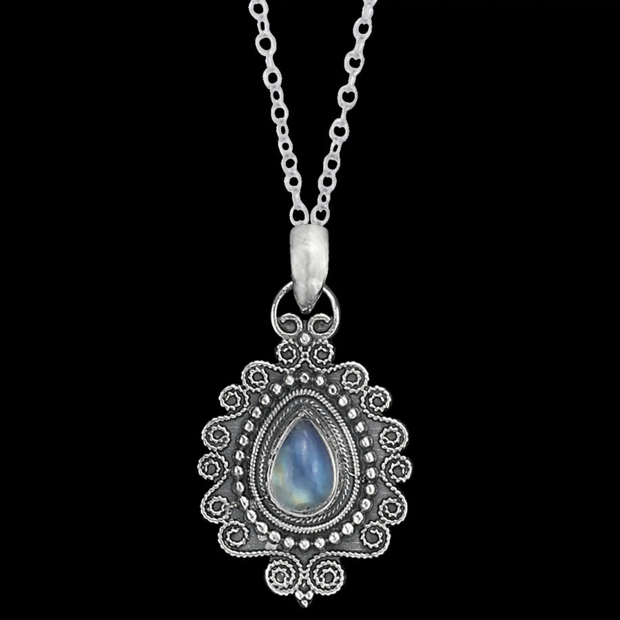 Rainbow Moonstone Embroidered Sterling Silver Pendant