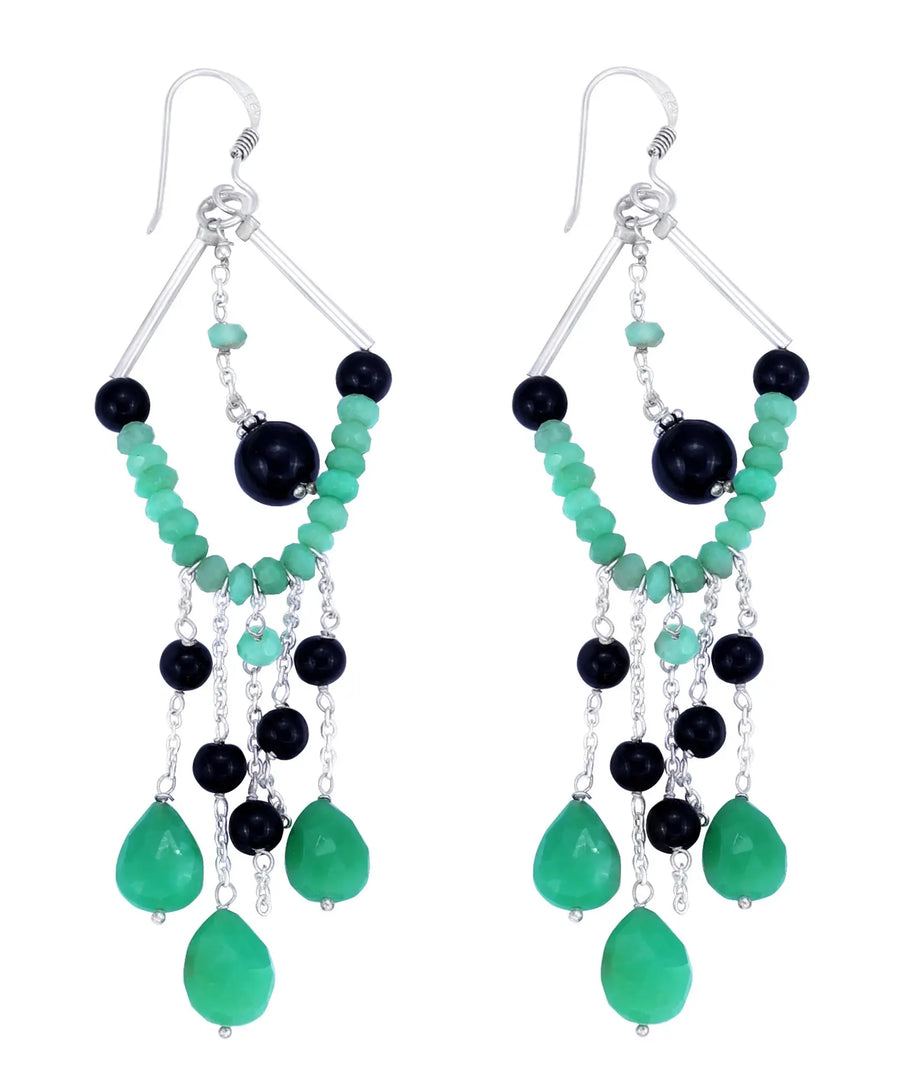 Emerald and Black Onyx Bead Dangle Sterling Silver Earrings