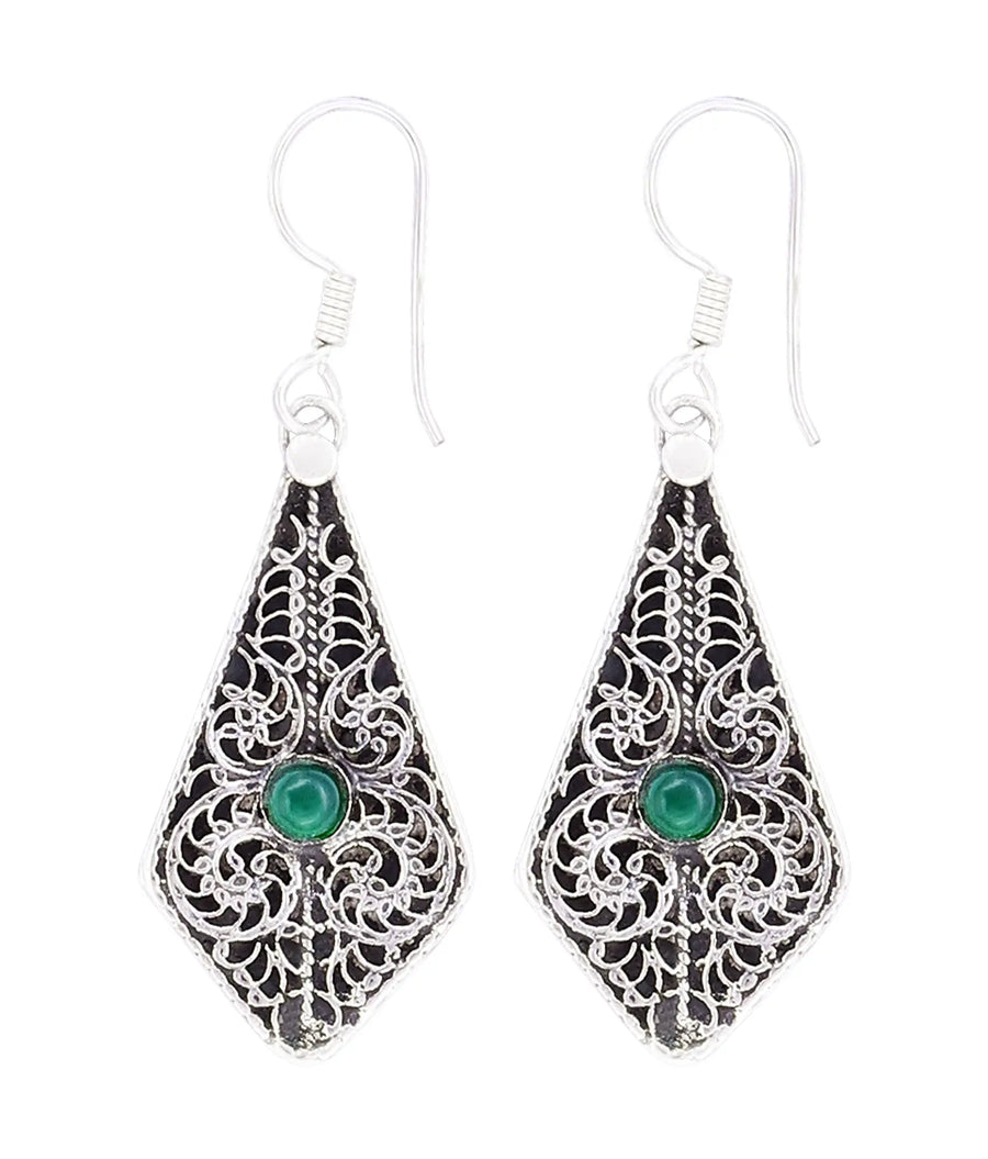 Green Onyx Lace Pattern Sterling Silver Earrings