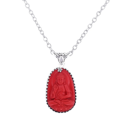 Garnet and Emerald Buddha Sterling Silver Pendant