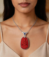 Coral Lapis Lazuli and Cubic Zirconia Buddha Silver Pendant