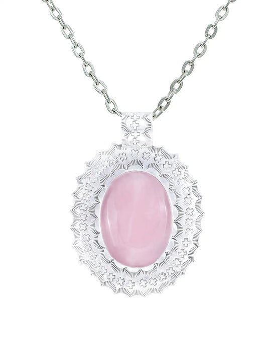 Rose Quartz Engraved Oval Sterling Silver Pendant