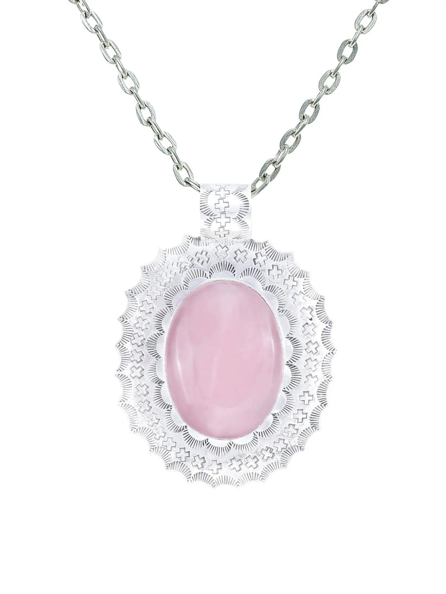 Rose Quartz Engraved Oval Sterling Silver Pendant