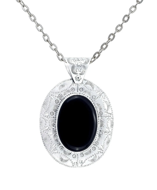 Engraved Black Onyx Oval Sterling Silver Pendant