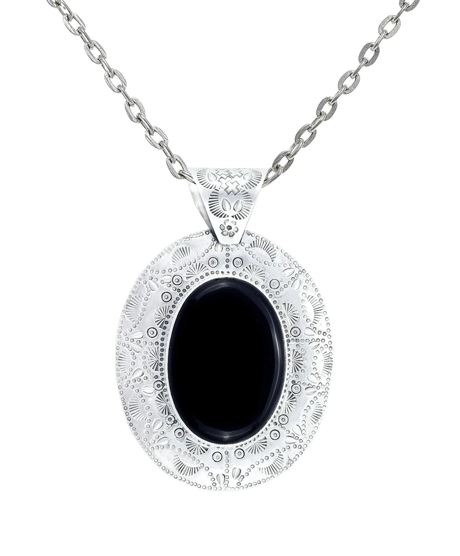 Engraved Black Onyx Oval Sterling Silver Pendant