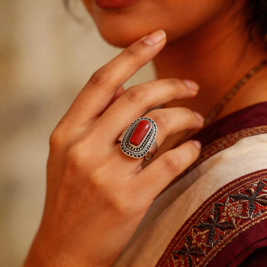Coral Stone Studded Sterling Silver Ring