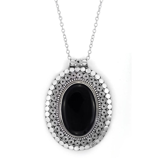 Black Onyx, Prehnite and Tiger Eye Sterling Silver Pendant