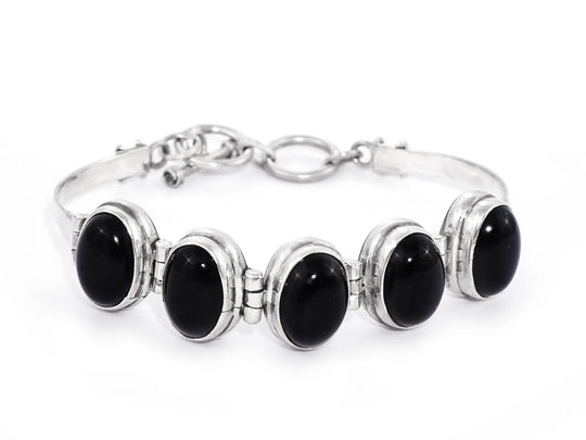 Gemstone Sterling Silver Bracelet in Onyx and Moonstone