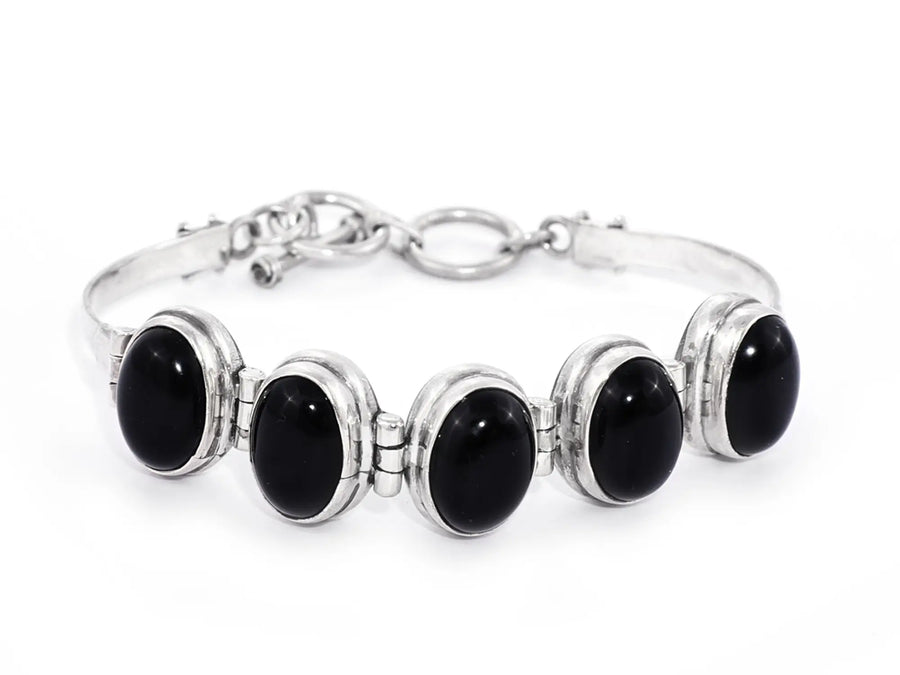 Gemstone Sterling Silver Bracelet in Onyx and Moonstone