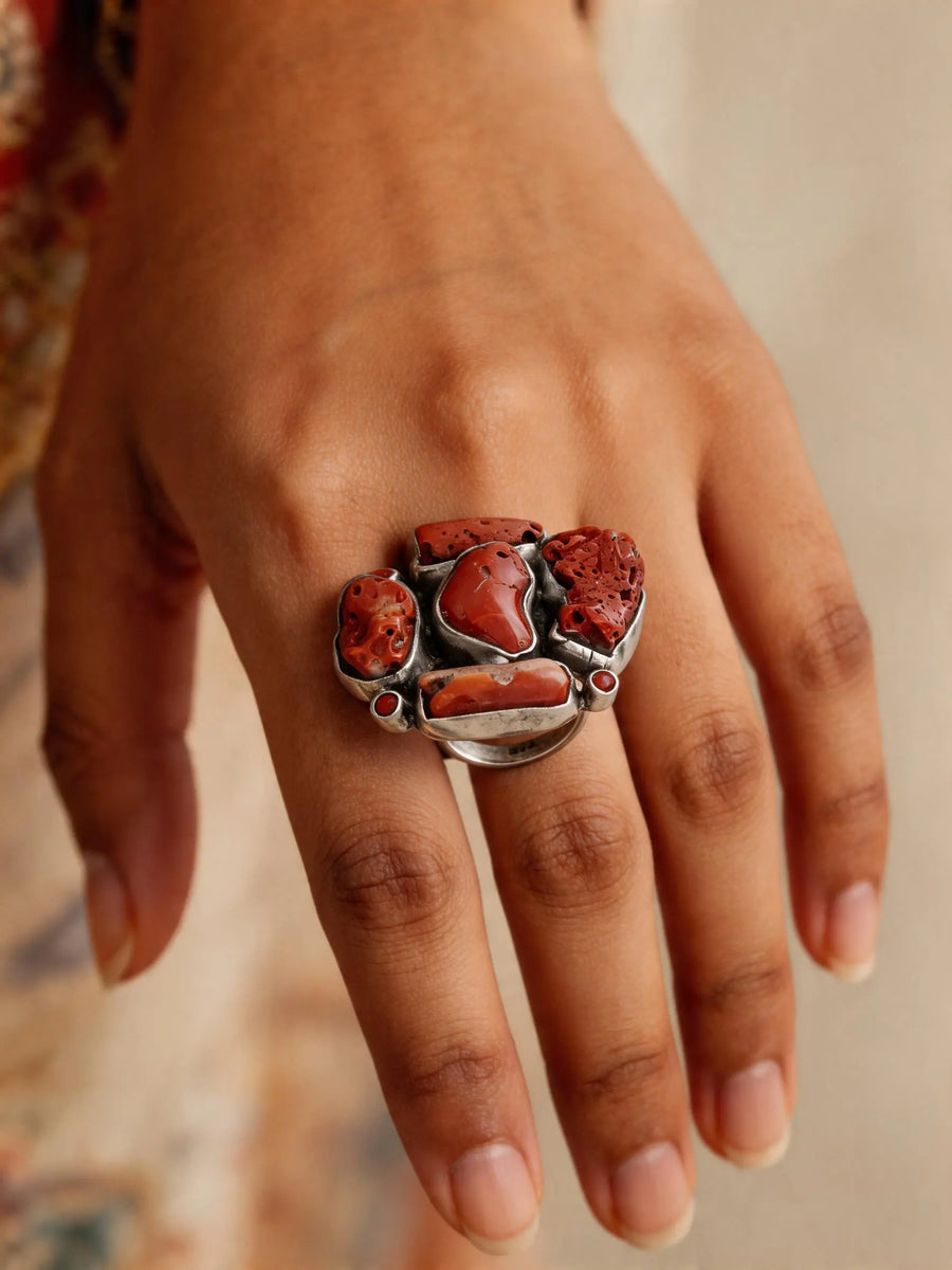 Coral Gemstone Sterling Silver Ring