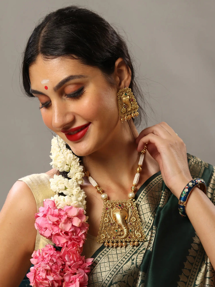 Ganesha Motif Brass Long Necklace and Earring Set