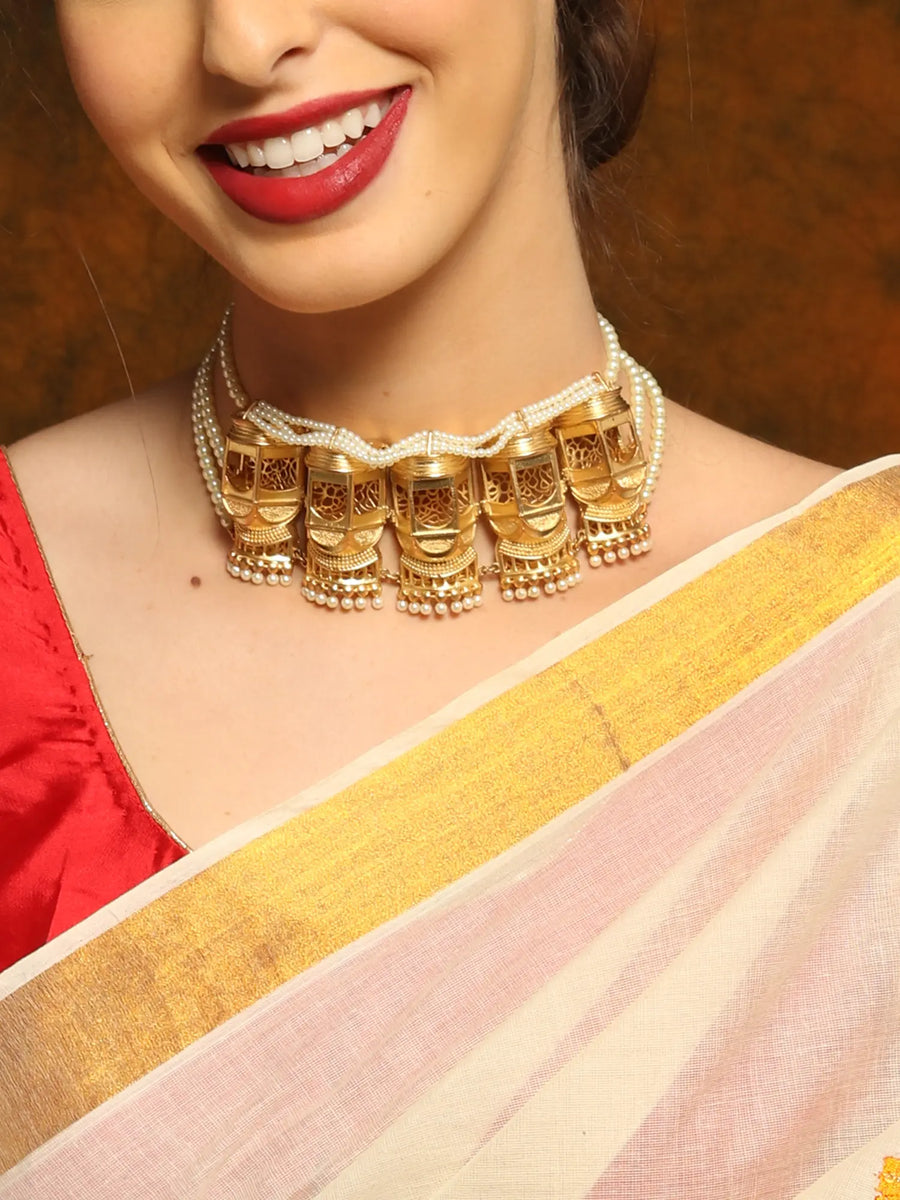 Antique Gold Brass Choker Set with Pearl Drops