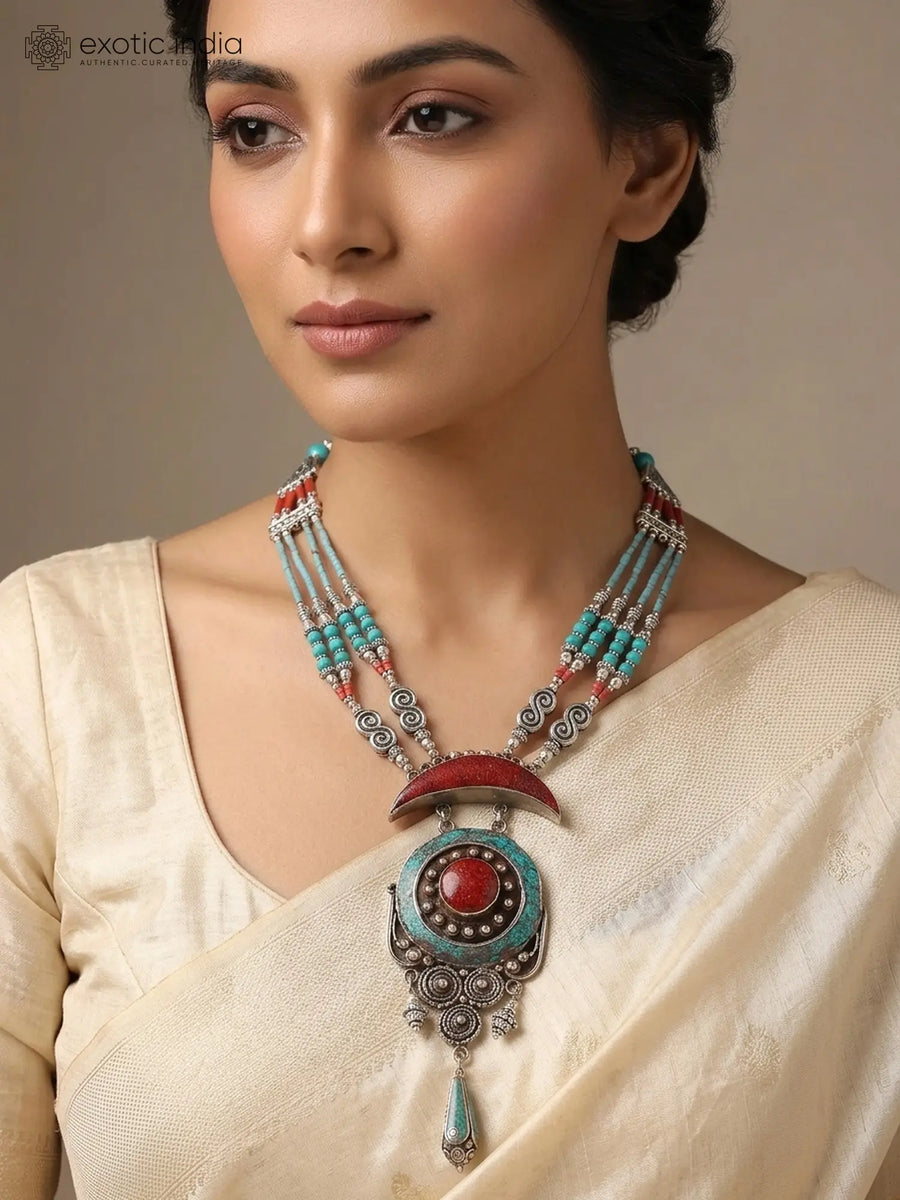 Tibetan Style Coral and Turquoise Brass Silver Necklace