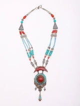 Tibetan Style Coral and Turquoise Brass Silver Necklace