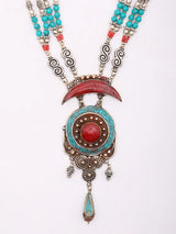 Tibetan Style Coral and Turquoise Brass Silver Necklace