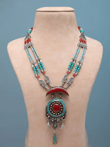 Tibetan Style Coral and Turquoise Brass Silver Necklace