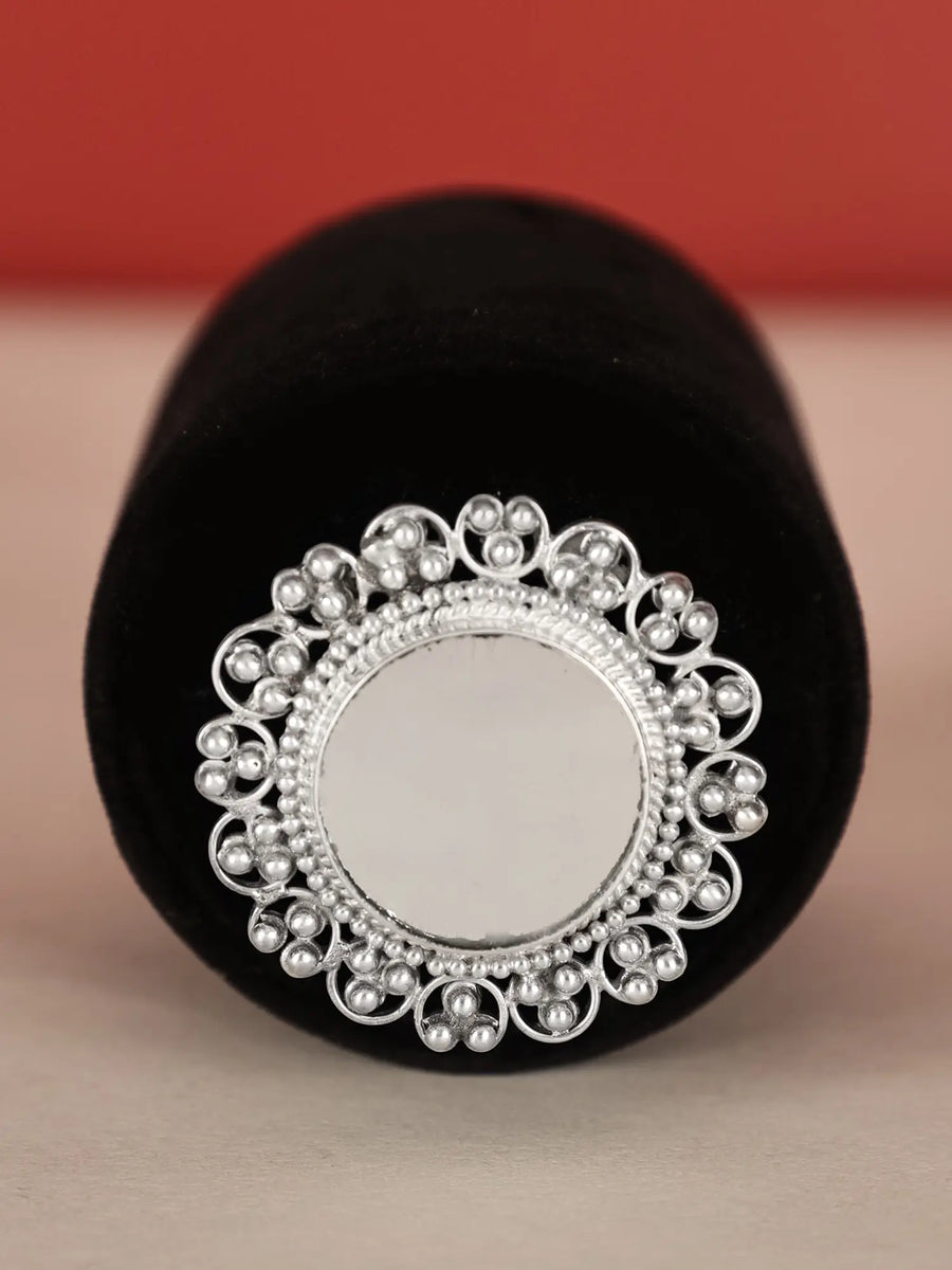 Floral Mirror Work Sterling Silver Ring