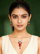 Coral Gemstone Sterling Silver Pendant and Earring Set