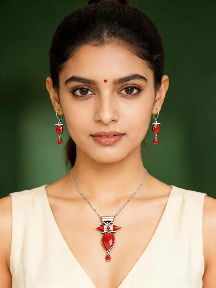 Coral Gemstone Sterling Silver Pendant and Earring Set