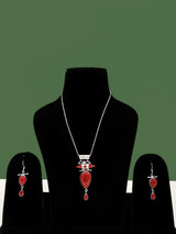 Coral Gemstone Sterling Silver Pendant and Earring Set