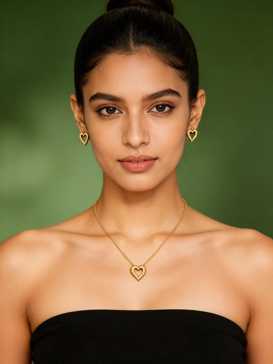 Heart Motif Metal Pendant Necklace and Earring Set