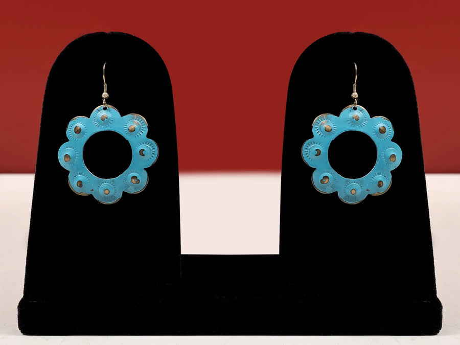 Blue and Purple Floral Dangle Earrings in Metal
