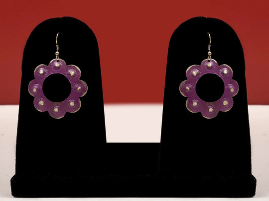 Blue and Purple Floral Dangle Earrings in Metal