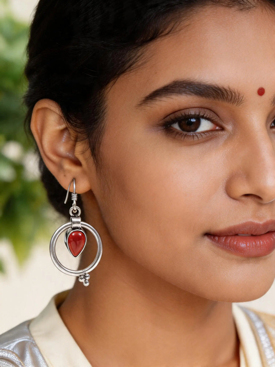 Coral Stone Drop Sterling Silver Earrings