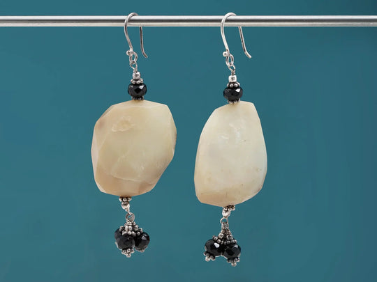 Prehnite and Faceted Black Onyx Sterling Silver Earrings